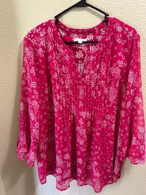Charter Club Fuchsia Floral Pintuck V-Neck Tunic